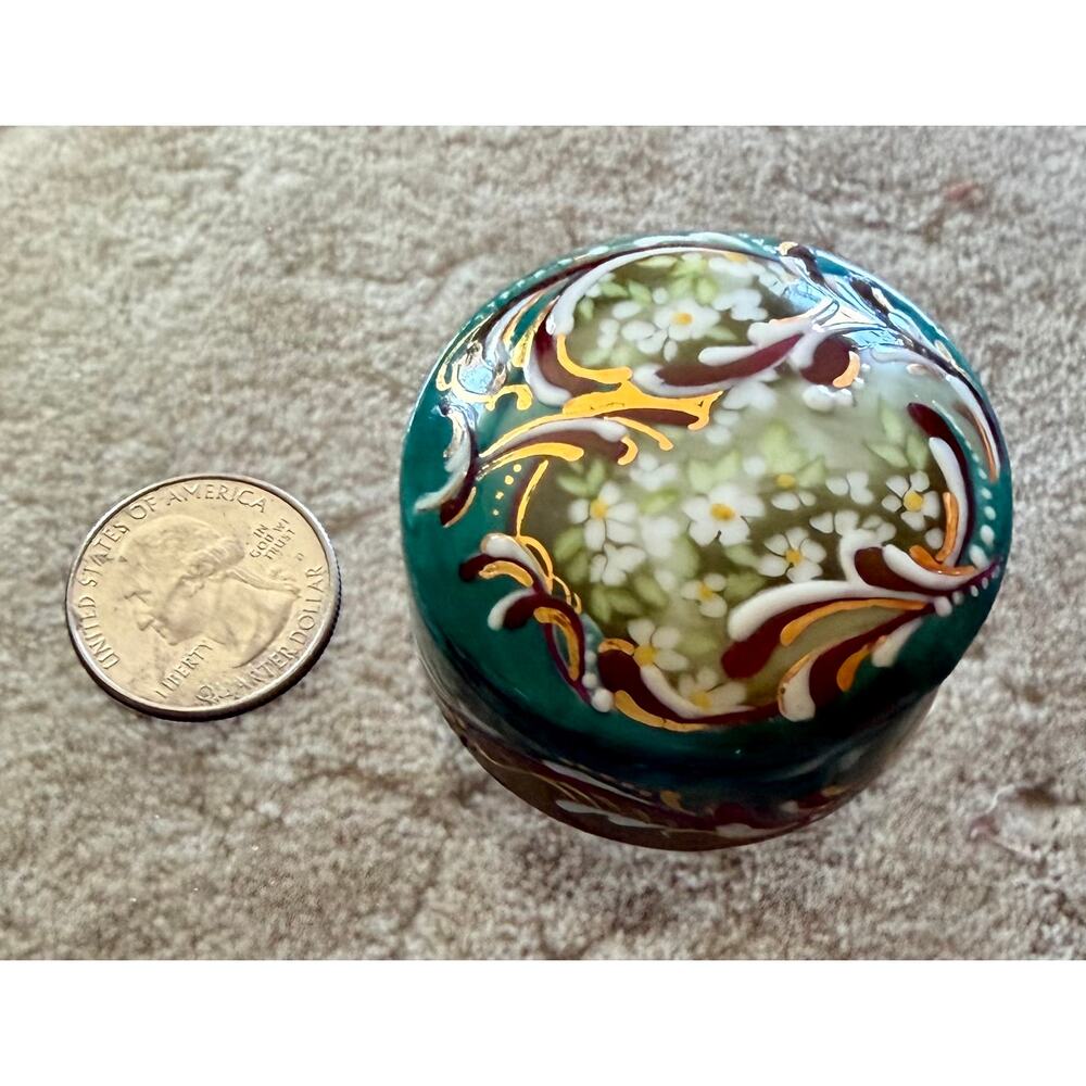 Signed Sondra Smith Hand-Painted Porcelain Trinket Box; Floral Green Maroon Gold